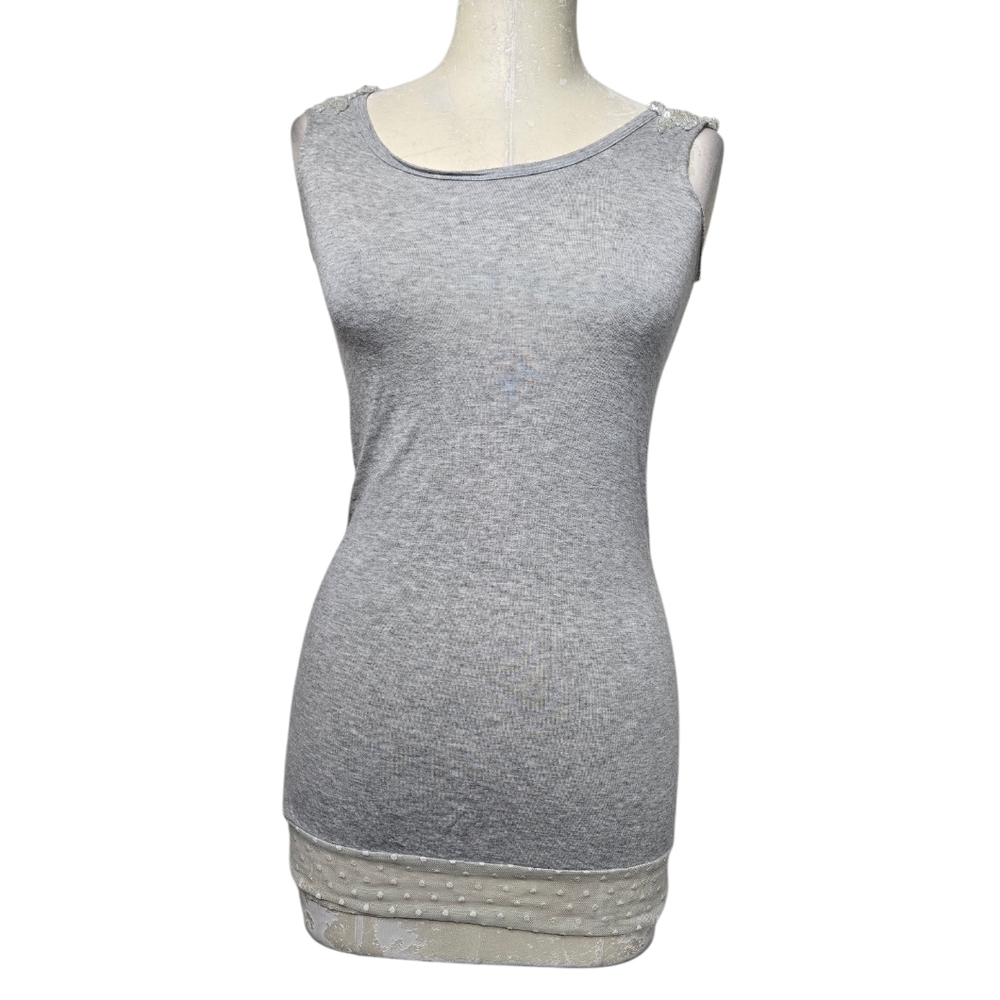 Loyandford Gray White Sequins Beads Polka Dot Lace Tank Top 2